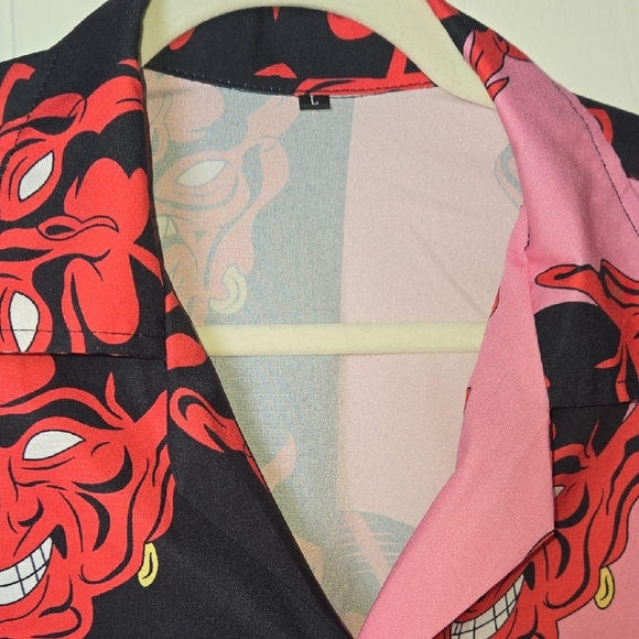 Hawaiian Devil Button Down Shirt Black & Pink Casual BOLD HARAJUKU STREETWEAR LG - Picture 7 of 17